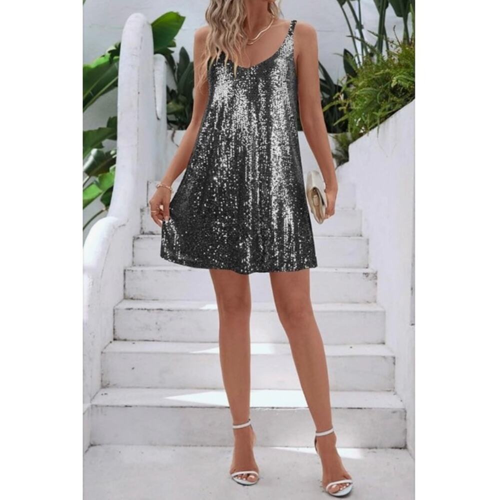 New MIYIEONZ Sequin V-Neck Sparkly Glitter Sleeveless Short Mini Shift Dress M